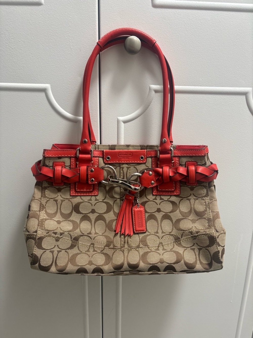 Coach Hampton Signature Canvas Satchel with Orange Leather Trim